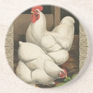 Roosters & Hen outside Hen House with White Border Coaster