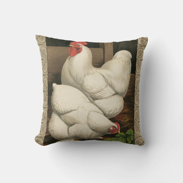 Roosters & Hen outside Hen House with White Border Cushion (Front)