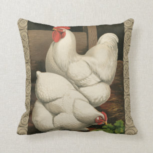 Roosters & Hen outside Hen House with White Border Cushion