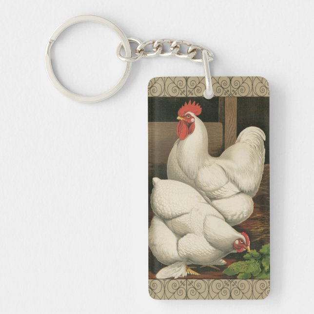 Roosters & Hen outside Hen House with White Border Key Ring (Front)