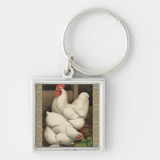 Roosters & Hen outside Hen House with White Border Key Ring (Front)