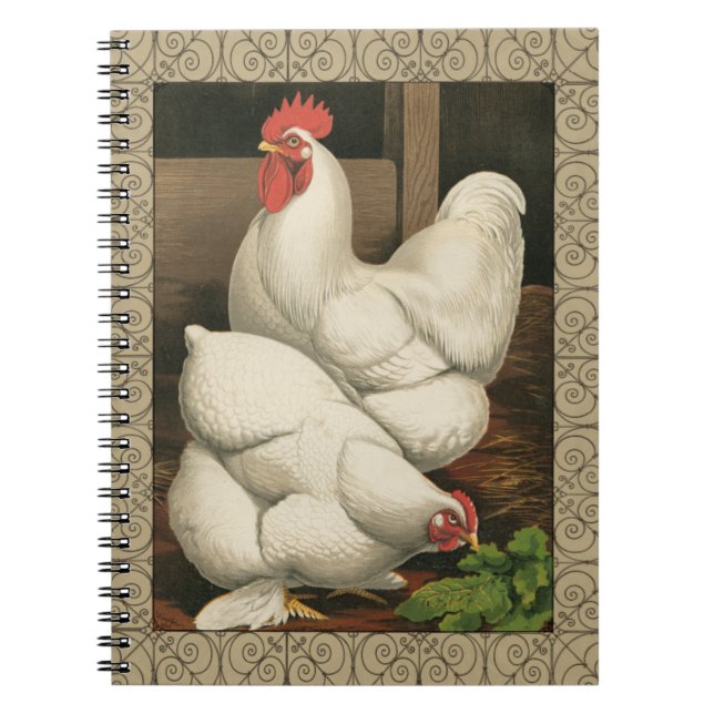 Roosters & Hen outside Hen House with White Border Notebook (Front)