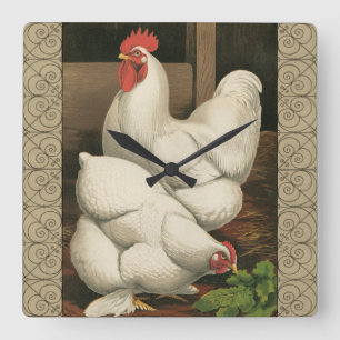Roosters & Hen outside Hen House with White Border Square Wall Clock