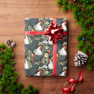 Roosters in the Green Garden William Morris Style Wrapping Paper