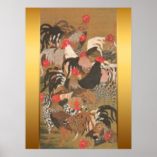 Roosters Japanese Painting with Golden Background Poster