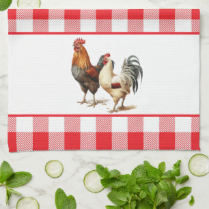 Roosters on Red and White Chequered Plaid  Tea Towel