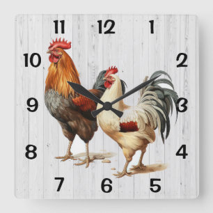 Roosters on White Wood Background Square Wall Clock