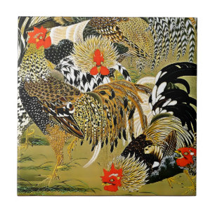 Roosters Vintage Japanese Chickens Ceramic Tile