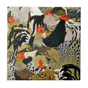 Roosters Vintage Japanese Chickens Ceramic Tile