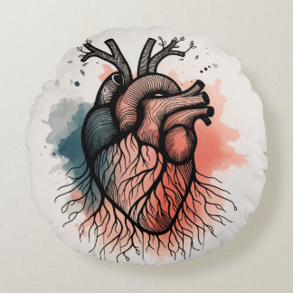 Rooted Heart Organic Line Art Round Cushion