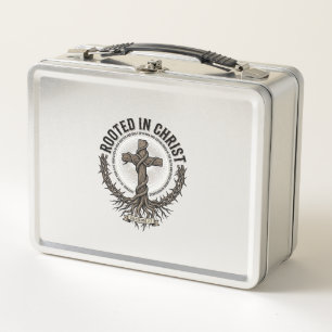 Rooted in Christ Cross Vintage Engraving Christian Metal Lunch Box