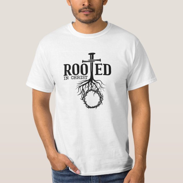 Rooted In Christ Scripture Cross Christian Verse T-Shirt (Front)