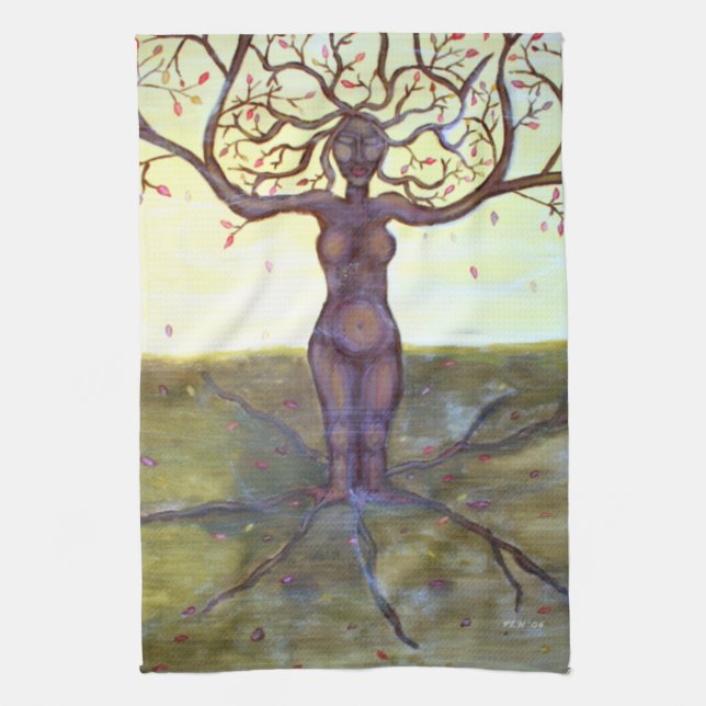 "Rooted" Tree Goddess Fantasy Art Tea Towel (Vertical)