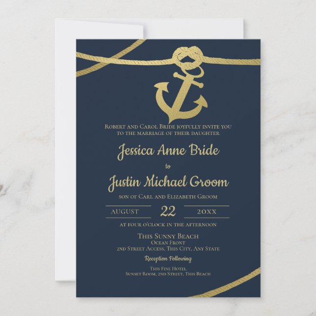 Rope Anchor Gold and Navy Blue Wedding Invitation (Front)