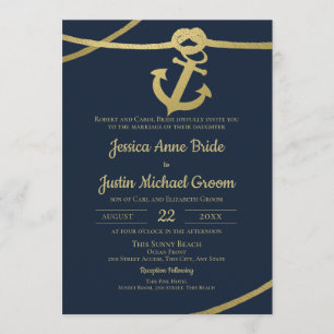 Rope Anchor Gold and Navy Blue Wedding Invitation