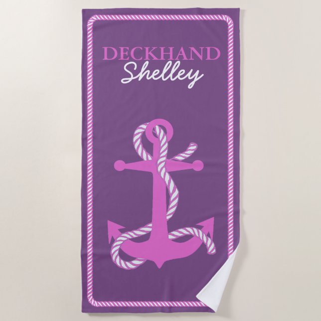 Rope and Anchor Pink Deckhand ID402 Beach Towel (Front)