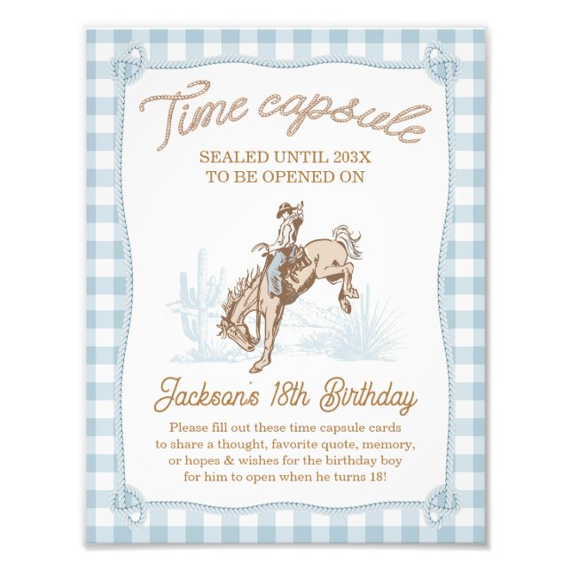 Rope Blue Plaid Cowboy 1st Rodeo Time Capsule Sign (Front)