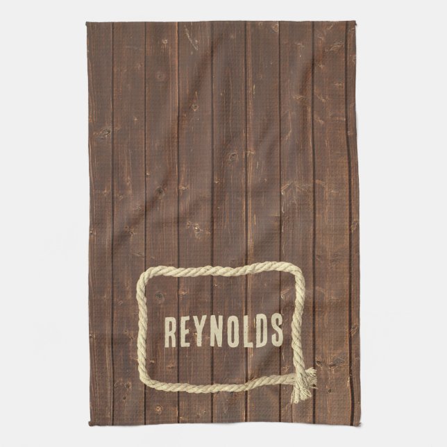 Rope Frame On Teak Wood With Name Tea Towel (Vertical)