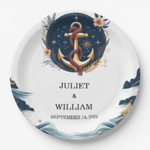 Rope Knot Boat Ship Navy Blue Nautical Wedding Paper Plate