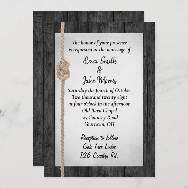 Rope Knot On Barn Wood Wedding Invitation (Front/Back)
