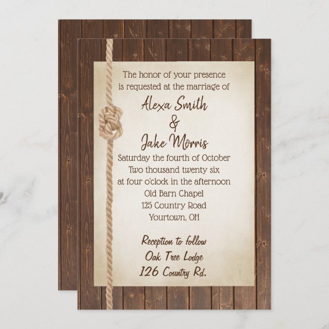 Rope Knot On Wood Wedding Invite (Front/Back)