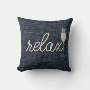 rope "relax" text on blue denim cushion