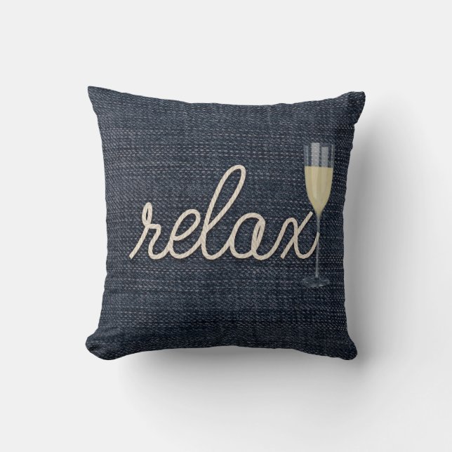 rope "relax" text on blue denim cushion (Front)