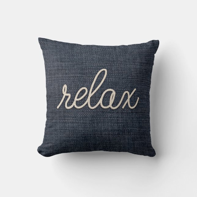 Rope Relax Text on Blue Denim Cushion (Front)