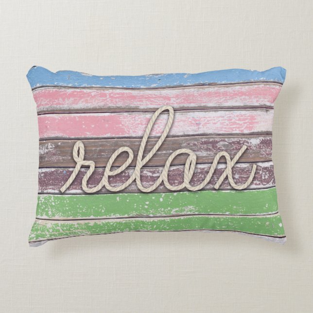 rope "relax" text on painted wood decorative cushion (Front)