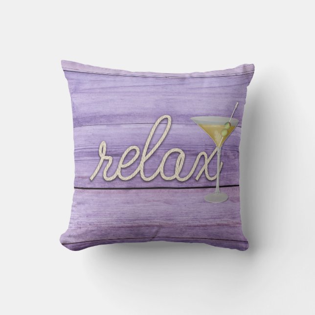 rope "relax" text on purple wood cushion (Front)