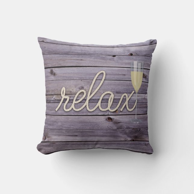 rope "relax" text on purple wood cushion (Front)