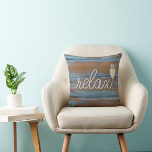 rope "relax" text on rustic wood cushion