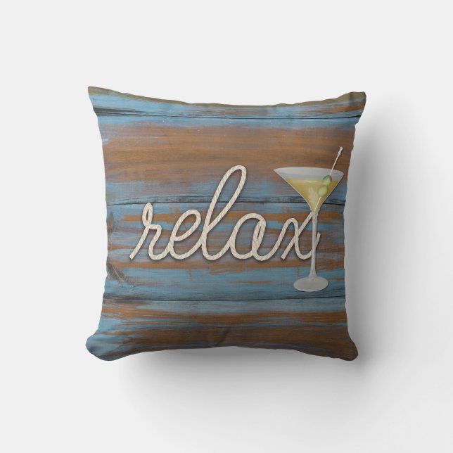 rope "relax" text on rustic wood cushion (Front)