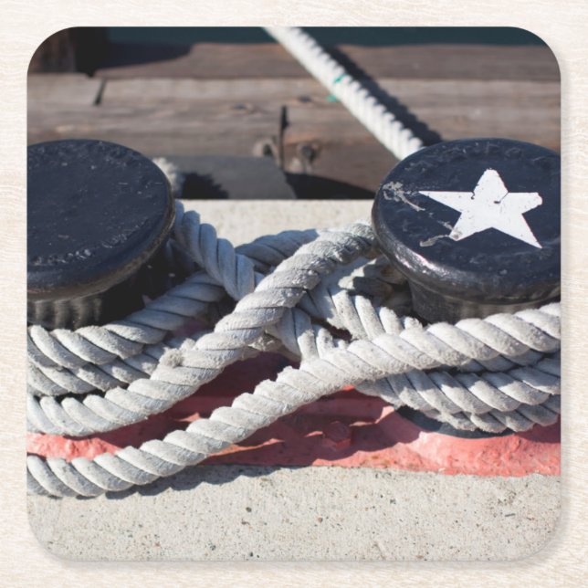 Rope Tied To Two Bollards Square Paper Coaster (Front)