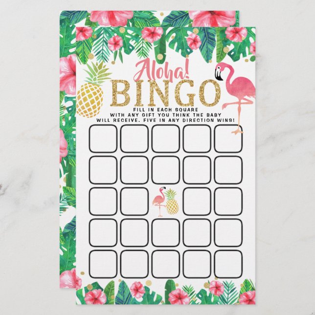 ropical Summer Beach Luau Girls Baby Shower Bingo (Front/Back)