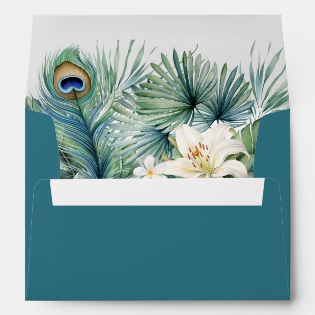 ropical Teal Wedding Envelope with Peacock Feather (Back (Bottom))