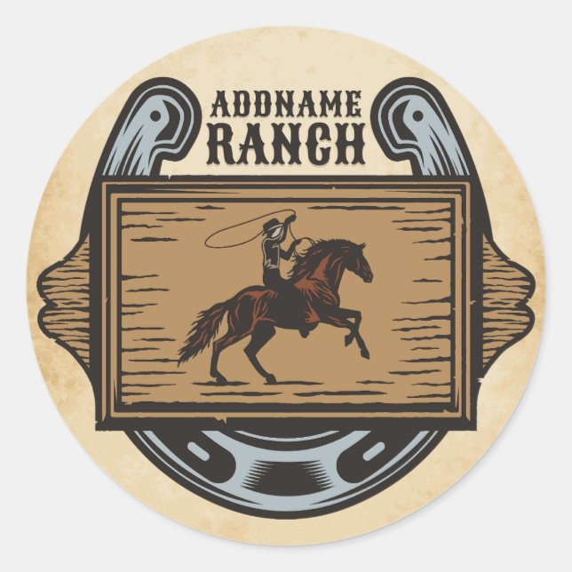 Roping Cowboy ADD NAME Western Family Horse Ranch Classic Round Sticker (Front)