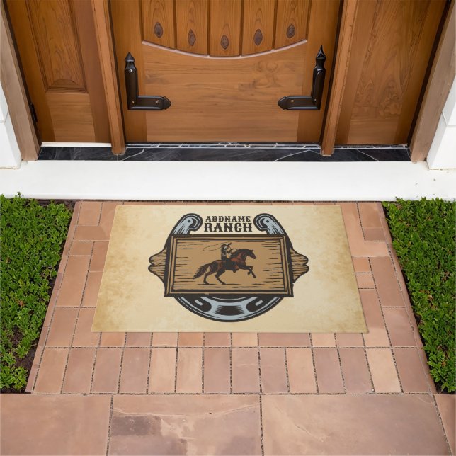 Roping Cowboy ADD NAME Western Family Horse Ranch Doormat (Outdoor)