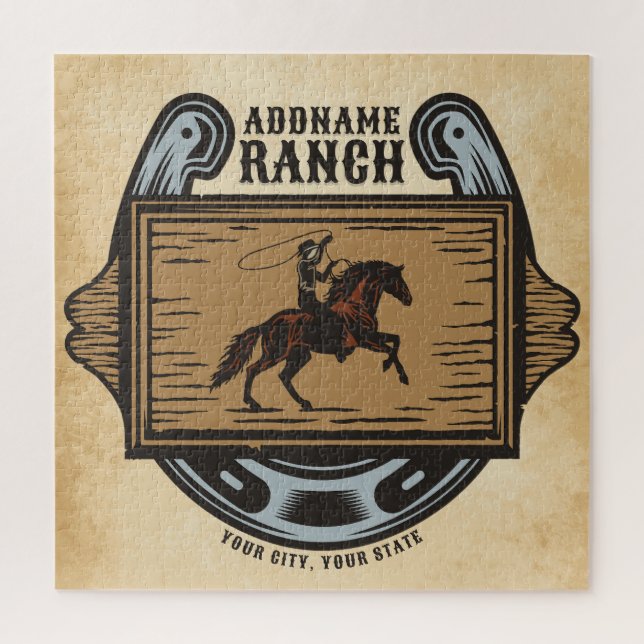 Roping Cowboy ADD NAME Western Family Horse Ranch Jigsaw Puzzle (Vertical)