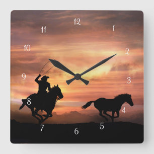 Roping Cowboy and Wild Horse Square Wall Clock