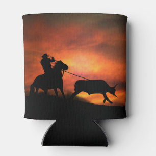 Roping Cowboy Horse and Steer Can Cooler