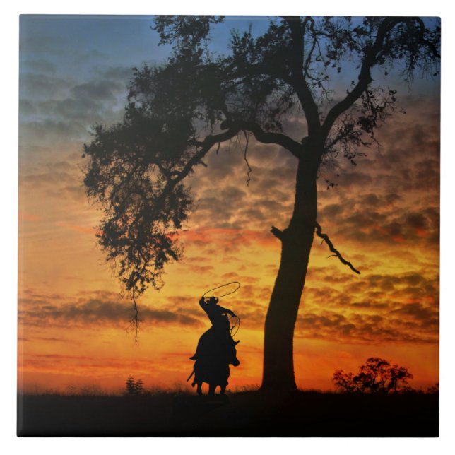 Roping Cowboy with Horse Country Western Ceramic Tile (Front)