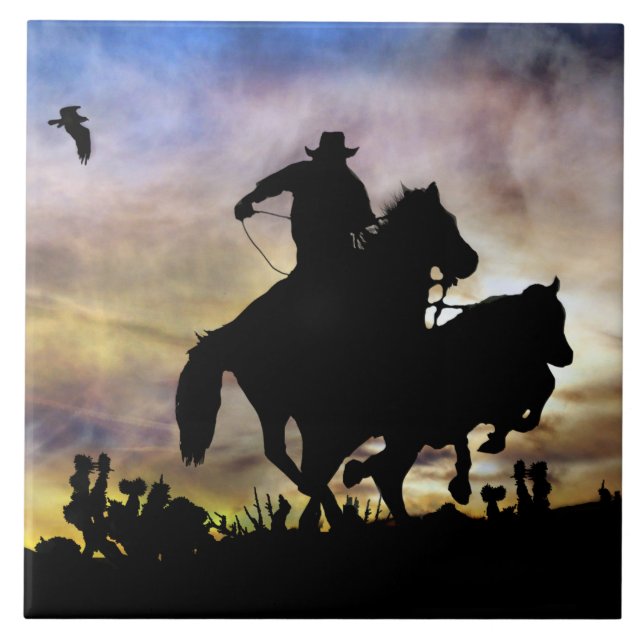 Roping Cowboy with Horse Country Western Desert Ceramic Tile (Front)