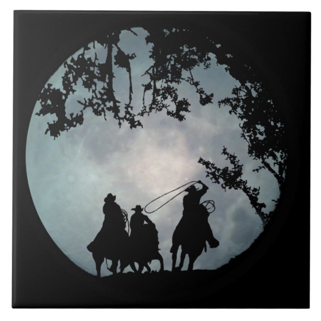 Roping Cowboys and Full Moon Art Tile (Front)