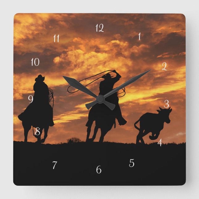 Roping Cowboys in the Sunset Square Wall Clock (Front)