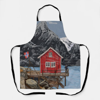 Rorbu Lofoten Bergen Norway Landscape Illustration Apron