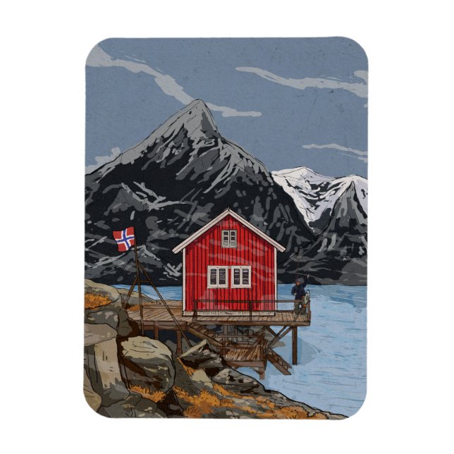 Rorbu Lofoten Bergen Norway Landscape Illustration Magnet (Vertical)