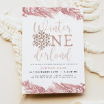 RORY Blush Winter OnderLand Pine 1st Birthday Invitation<br><div class="desc">This first birthday party invitation features blush pink pine sprigs with rose gold splashes and a pink glitter snowflake and the saying "Winter Onderland" This magical blush winter theme is perfect for a wintery December or Christmas holiday themed 1st birthday celebration.</div>