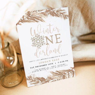 RORY Boho Beige Winter Wonderland First Birthday Invitation