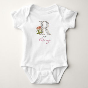 Rory Name Reveal Floral Letter R Vintage Flower Baby Bodysuit